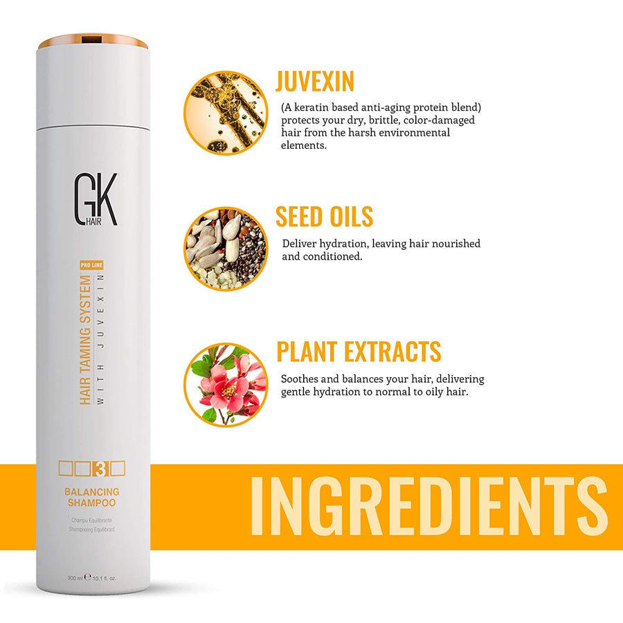 GK HAIR Global Keratin Balancing Shampoo 300 ml For Dry Damaged Oily Greasy & Color Treated Hair, Restores pH Levels, Sulfate-Paraben Free Daily Conditioning Deep Cleanser & Impurities Remover - Instachiq