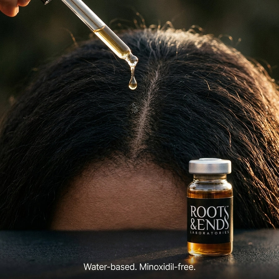 Dropper releasing golden serum over a scalp parting beside a Roots & Ends vial