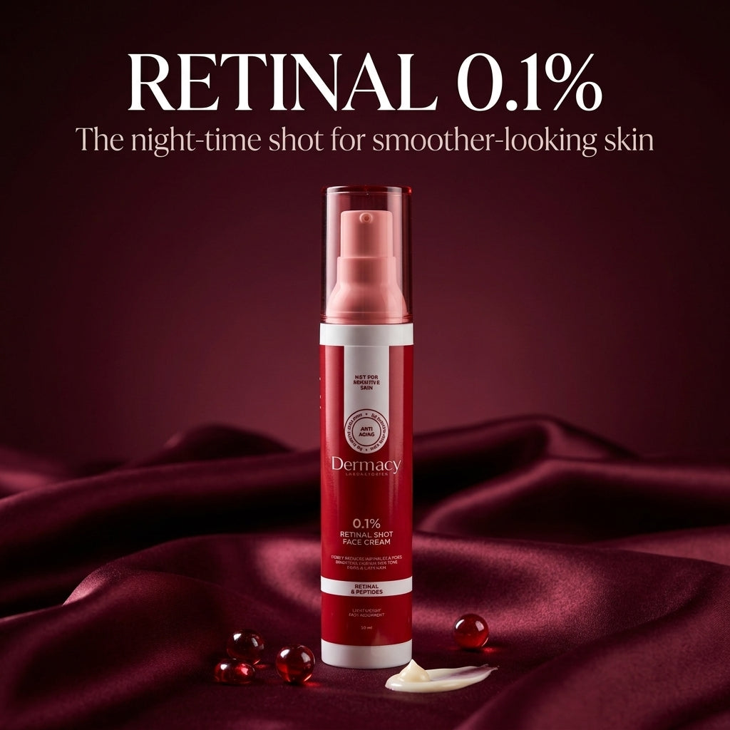Crema Viso Dermassie Retinal 0,1% 50ml su tessuto di raso rosso