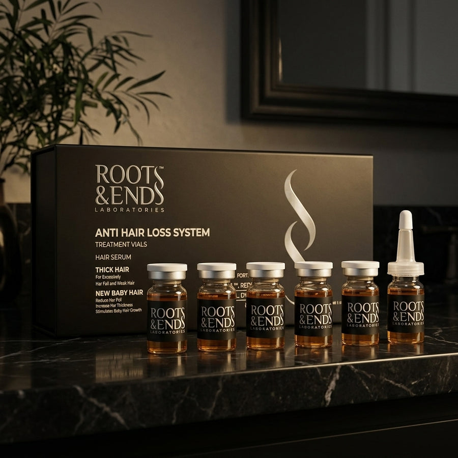 Roots & Ends box with six vials on a black marble shelf