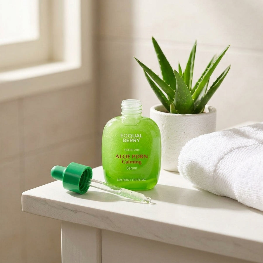Eqqual Berry serum on bathroom shelf