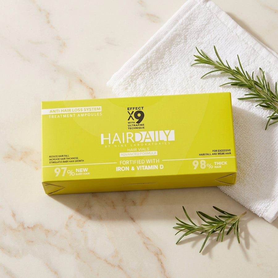 علبة Hair Daily على رخام فاتح مع روزماري وفوطة بيضا