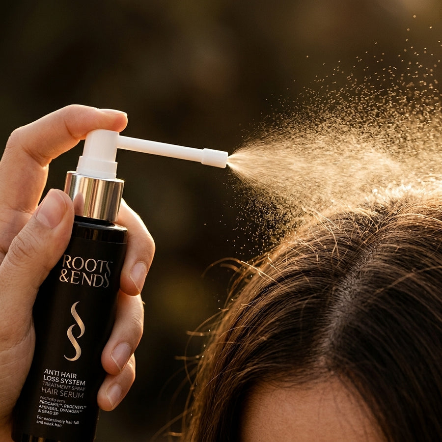 Roots & Ends spray misting hair roots